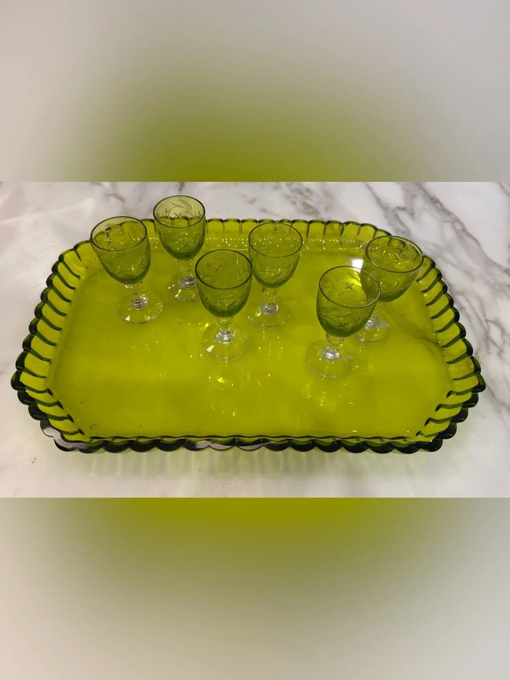 Green Glass Serving Tray and Glassware Set